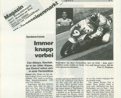 Always close, says the Nurburger magazine article about Superbike-Coach Can Akkaya in 1992 Always close, says the Nurburger magazine article about Superbike-Coach Can Akkaya in 1992