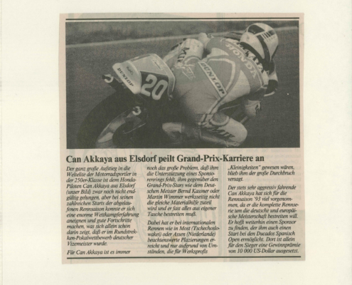 Can Akkaya on the way to MotoGP, says a Cologne City newspaper in 1992
