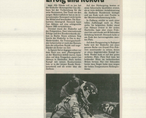Low budget- but success including lap record, says the German Sports News in 1994 about Can Akkaya