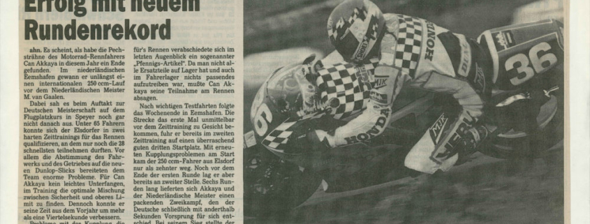Success and lap record for Can Akkaya, announces the Werbepost News about his race in Eemshaaven 1994